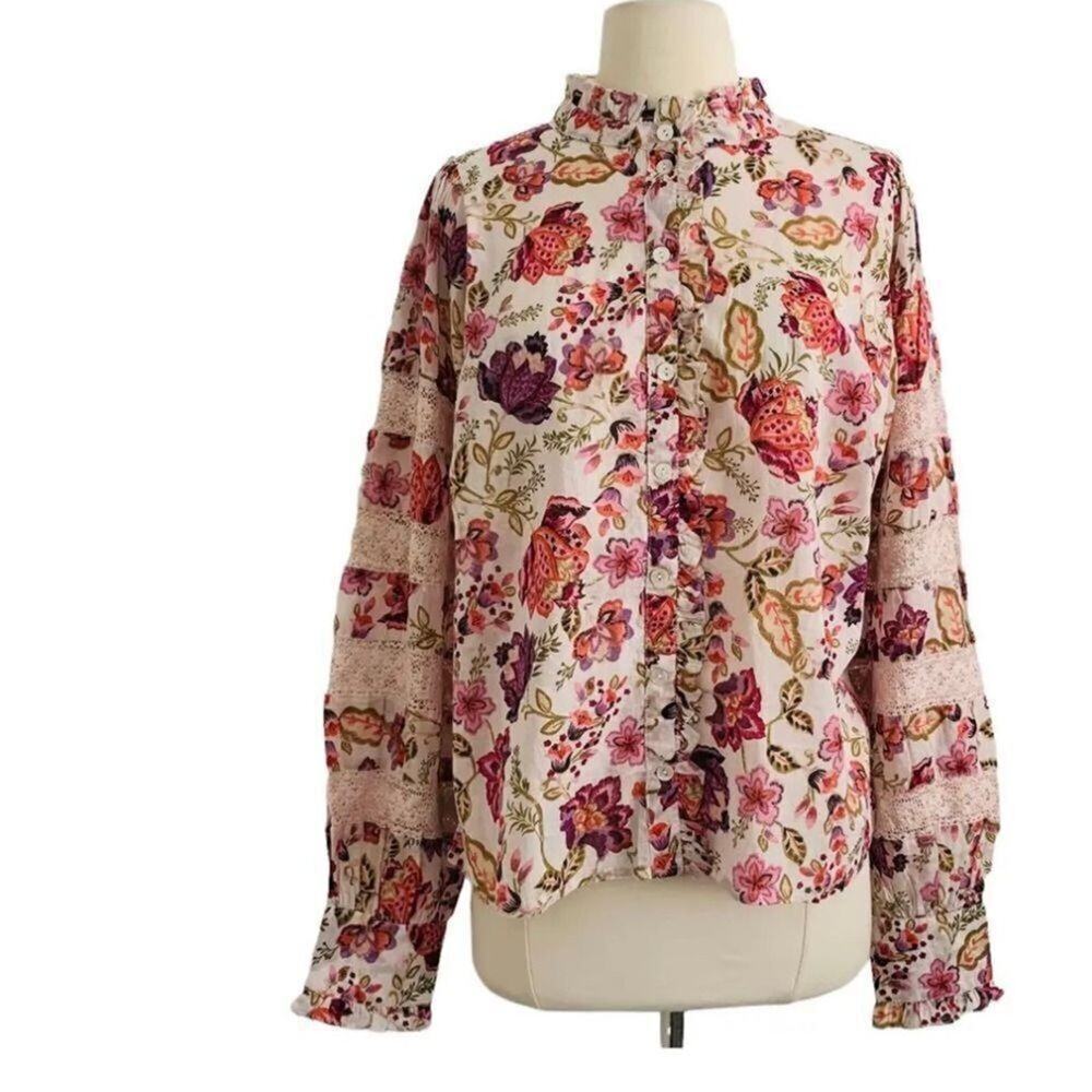 HOUSE OF HARLOW 1960 FLORAL RUFFLE NECK BLOUSE SIZE M